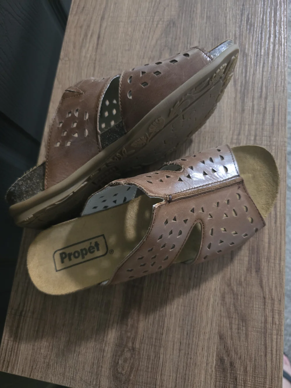 Propet Women's Brown Leather Perforated Slide Sandals